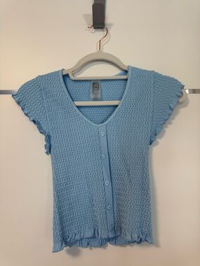 Light Blue Textured Ruffle Button-Front Top